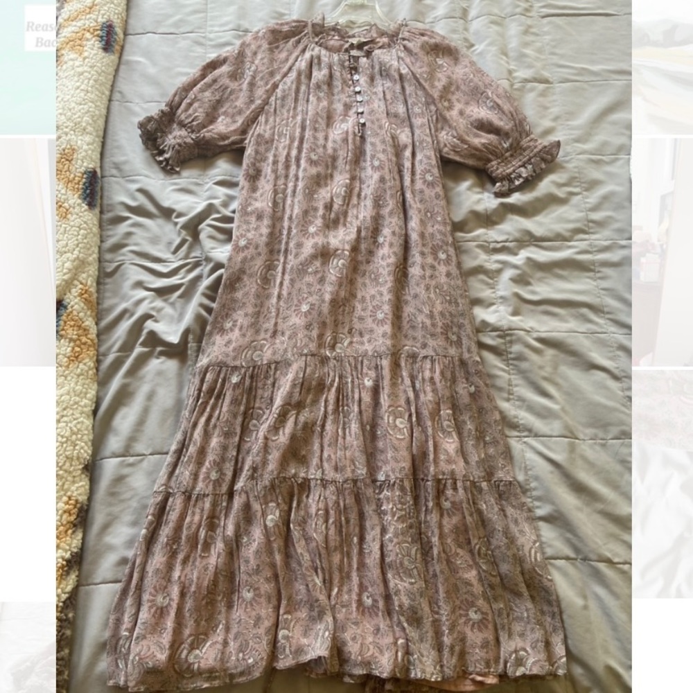 Cleobella mauve print midi dress with tie waist.